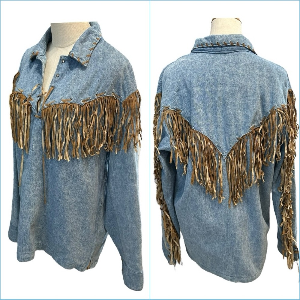 Vtg Leather City‎ Festival Denim Tunic Top Sz M Western Boho Leather Fringe Read